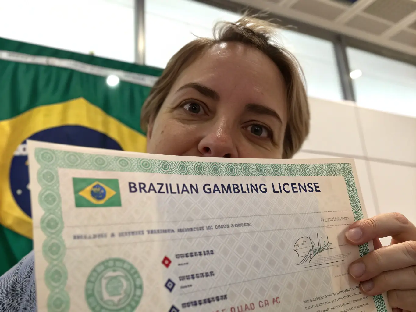 A person holding a Brazilian license for online gambling, with a background showing the Brazilian flag and various online bonus 2026 logos.