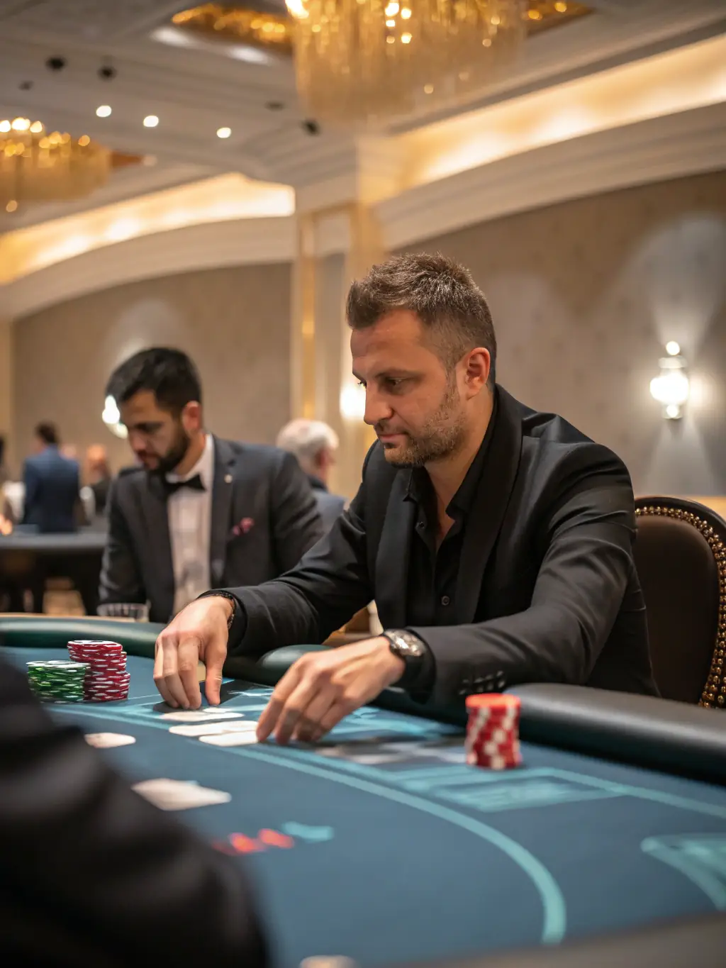 A professional poker player in a serious pose, holding a winning hand of cards, with bonus 2026 chips stacked in the background, conveying the skill and strategy involved in poker.